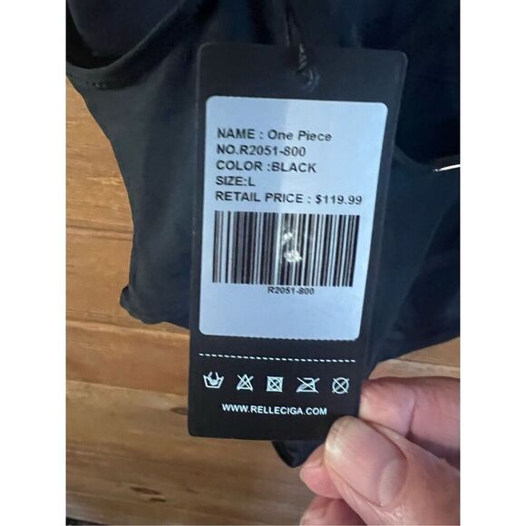 Relleciga Black Sz Lg High Cut Low Back Skimpy 1 Piece Thong Swimsuit NWT - Picture 3 of 7